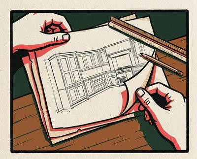 Block print: hands turning back hand-drawn elevations.
