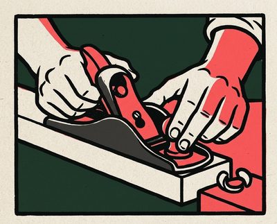 Block print: a hand plane on timber, shaving curling out.