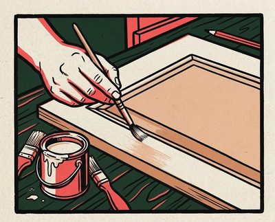 Block print: a brush painting the inner edge of an in-frame door.