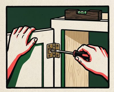 Block print: hands hanging a door on its hinge.